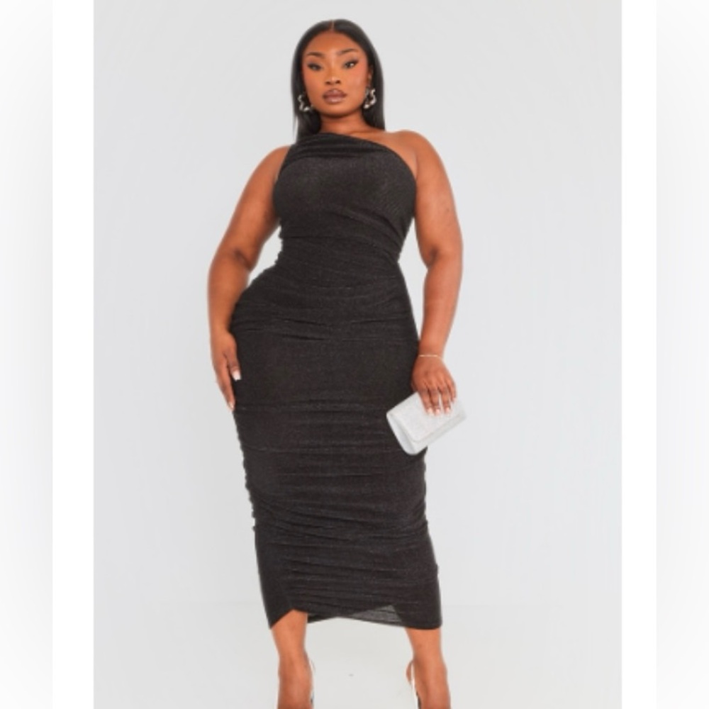 PLT Glitter Plisse Ruched One Shoulder Midi Dress